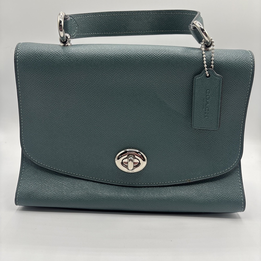 Coach Green Leather Top Handle Crossbody Satchel Bag with Turnlock Closure